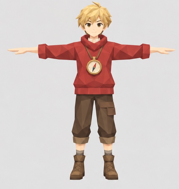 Spieler A: blonde, zerzauste Haare, roter Kapuzenpullover mit Kompass, braune Hose und Stiefel