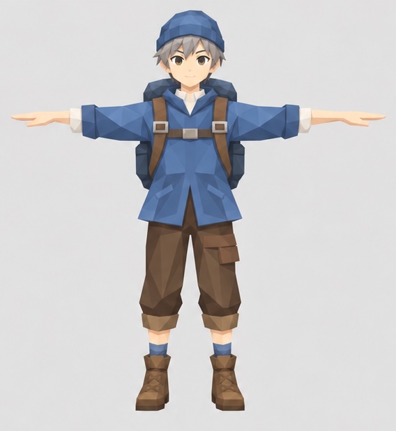 Spieler B: graue Haare unter blauer Mütze, blaue Jacke mit Rucksack, braune Hose und Stiefel