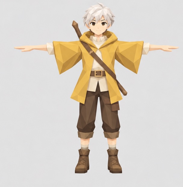 Spieler C: weisse Haare, senfgelber Kapuzenmantel, Wanderstab auf dem Rücken, braune Hose und Stiefel