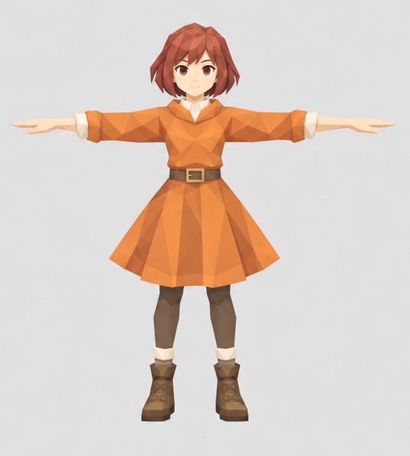 Spieler D: rotbraune, kinnlange Haare, orangefarbenes Kleid mit Gürtel, braune Strumpfhose und Stiefel